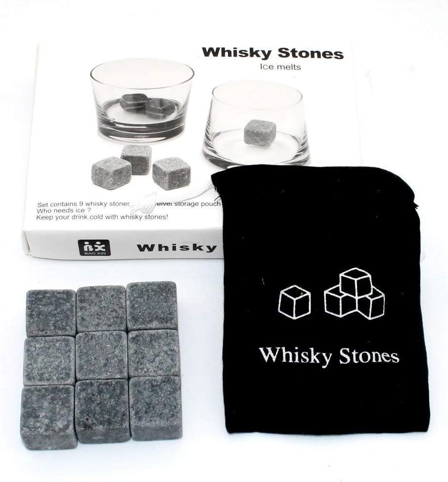Whiskey Stones Gift Set W/ 9 Granite Whiskey Rocks Bag Reusable Cooling Ice Cubes Chill Your Scotch & Cold Drinks|Packed in Elegant… (Black)