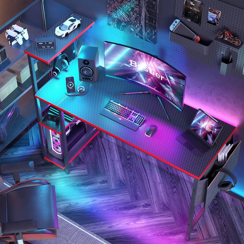 52 Inch Gaming Computer Desk with LED Lights & Shelves Carbon Fiber, Reversible Desk