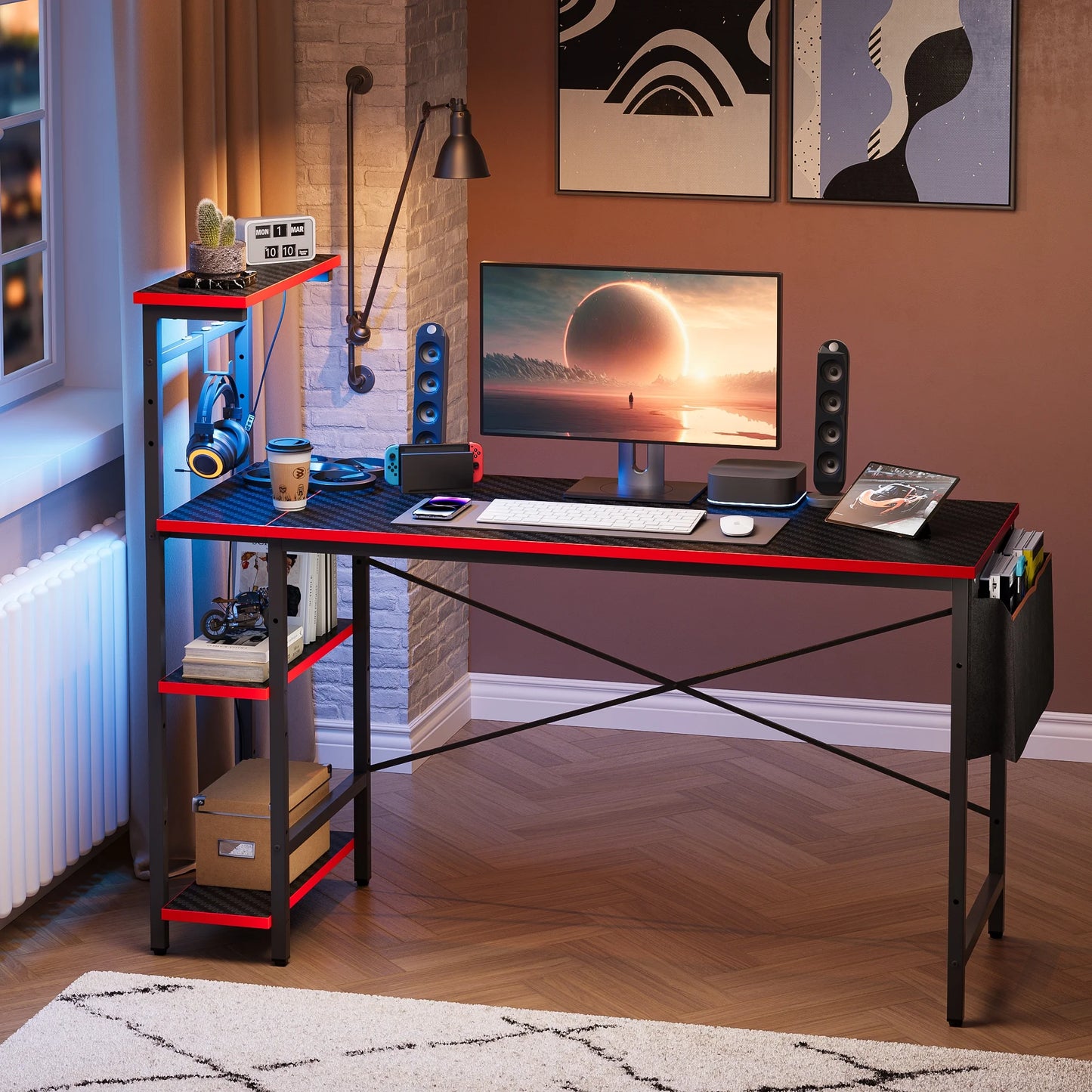 52 Inch Gaming Computer Desk with LED Lights & Shelves Carbon Fiber, Reversible Desk