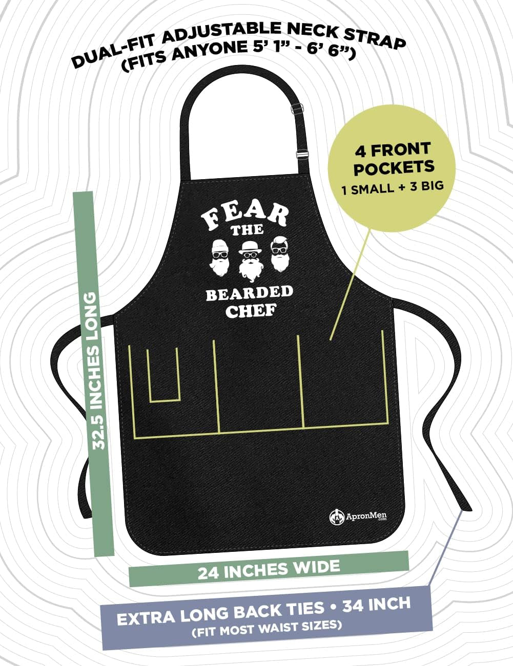 Fear the Bearded Chef Apron -Fun BBQ Apron- 1 Size Fits All Adjustable