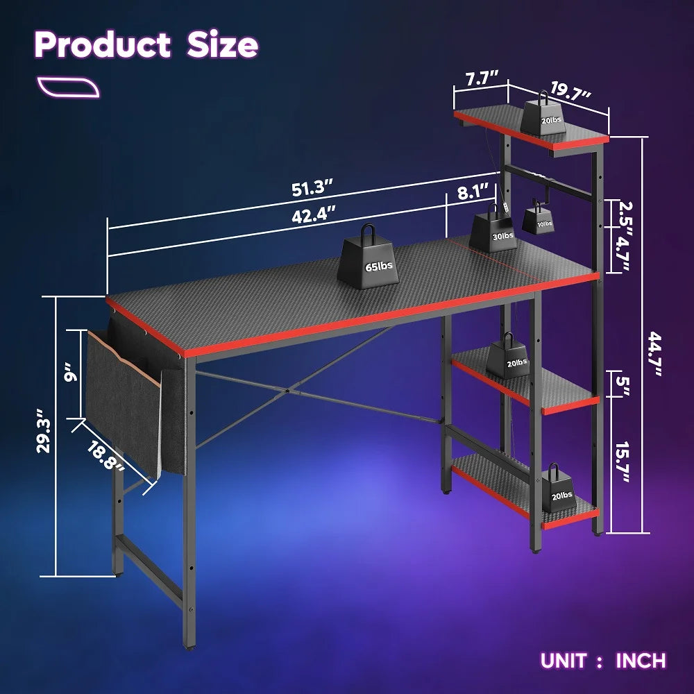 52 Inch Gaming Computer Desk with LED Lights & Shelves Carbon Fiber, Reversible Desk