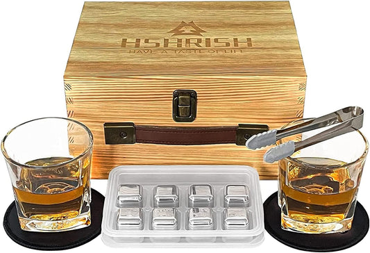 Whiskey Set Gifts for Men, Whiskey Glasses Set of 2, Heavy Whiskey Glasses with Wooden Box, 8 Stainless Steel Whiskey Stones with Tray, Gifts for Dad Husband Birthday Christmas