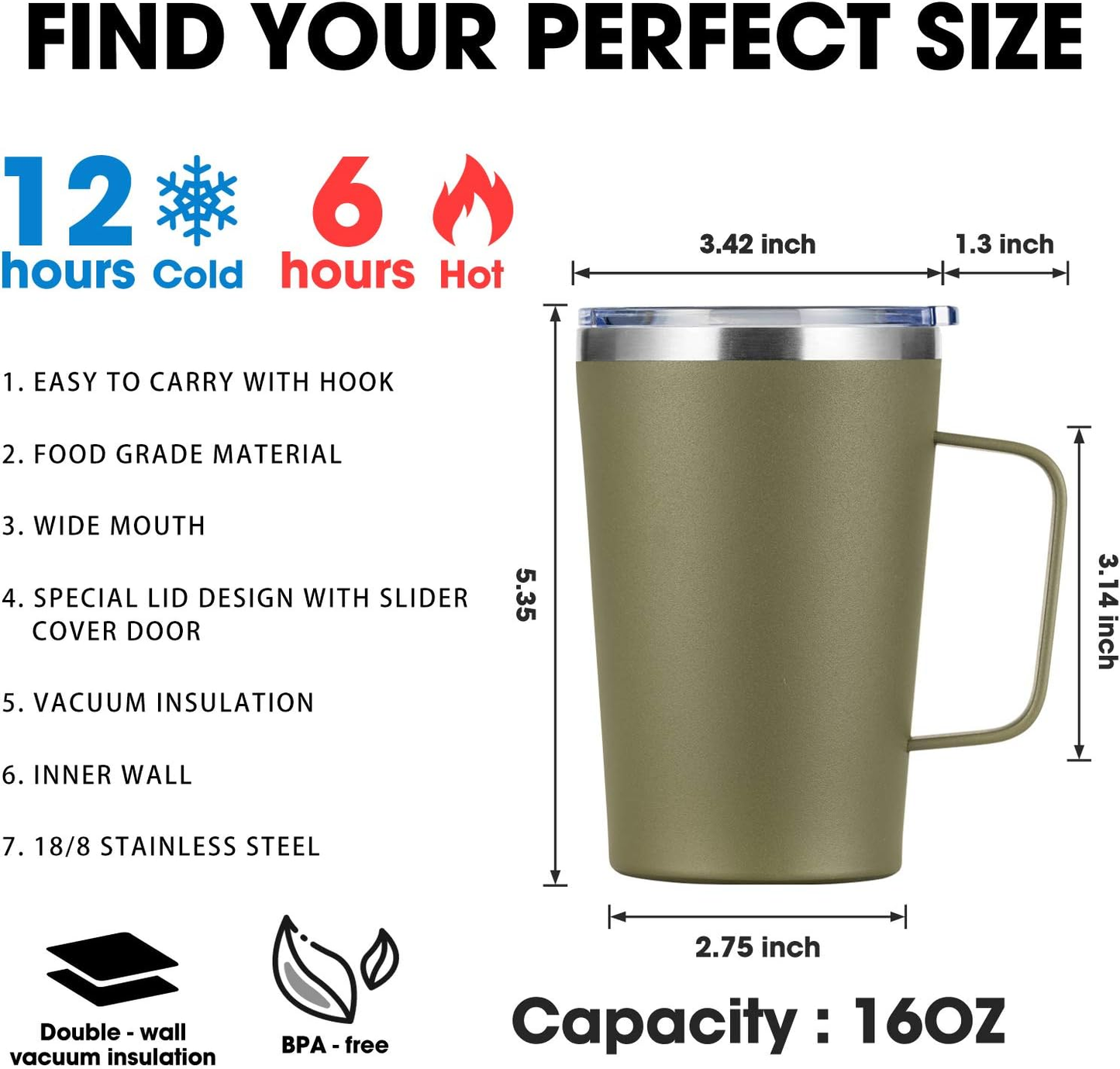 16oz Stainless Steel Coffee Mug with Lid, Double Wall Trave Mug with Handle, Vacuum Insulated Coffee Mug Cup for Coffee, Travel Coffee Mug for Hot & Cold Drinks (Army Green, 2 Pack)