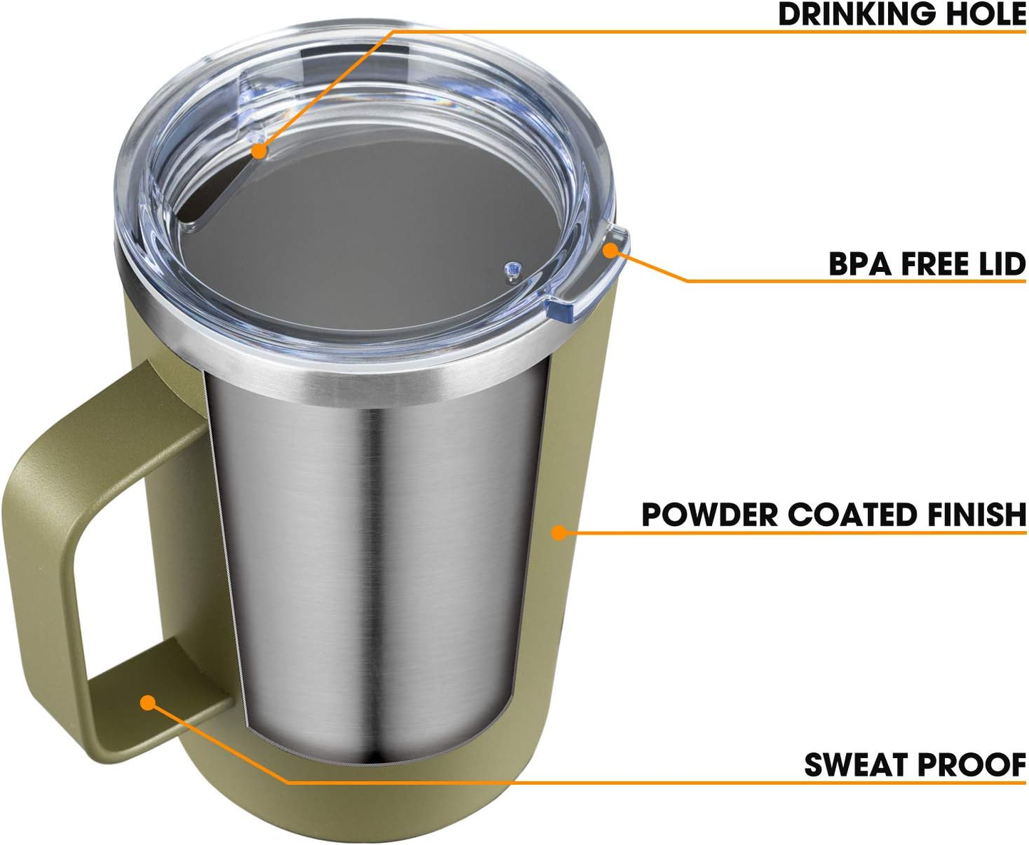 16oz Stainless Steel Coffee Mug with Lid, Double Wall Trave Mug with Handle, Vacuum Insulated Coffee Mug Cup for Coffee, Travel Coffee Mug for Hot & Cold Drinks (Army Green, 2 Pack)