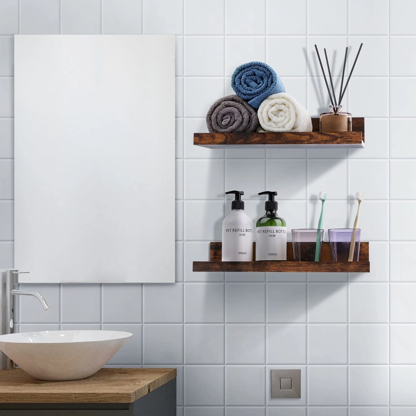 Floating Shelves,  Wood Shelf Wall Mounted, Set of 5, Multiple Sizes, Brown