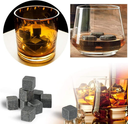 Whiskey Stones Gift Set W/ 9 Granite Whiskey Rocks Bag Reusable Cooling Ice Cubes Chill Your Scotch & Cold Drinks|Packed in Elegant… (Black)