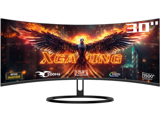 30" Ultrawide 200Hz Curved Gaming Monitor, WFHD (1920X1080P) Computer Monitor, Screen PC Computer, 3-Side Frameless, Built-In 2*Speakers, 1Ms AMD Freesync, HDMI