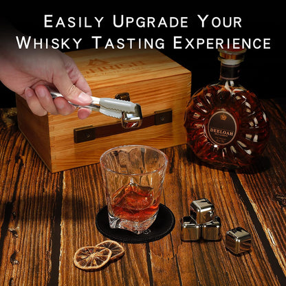 Whiskey Set Gifts for Men, Whiskey Glasses Set of 2, Heavy Whiskey Glasses with Wooden Box, 8 Stainless Steel Whiskey Stones with Tray, Gifts for Dad Husband Birthday Christmas