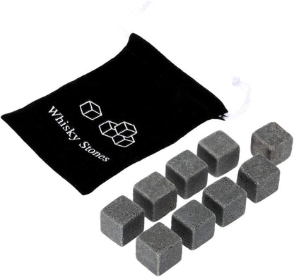 Whiskey Stones Gift Set W/ 9 Granite Whiskey Rocks Bag Reusable Cooling Ice Cubes Chill Your Scotch & Cold Drinks|Packed in Elegant… (Black)