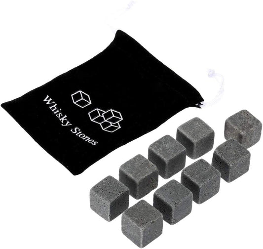 Whiskey Stones Gift Set W/ 9 Granite Whiskey Rocks Bag Reusable Cooling Ice Cubes Chill Your Scotch & Cold Drinks|Packed in Elegant… (Black)