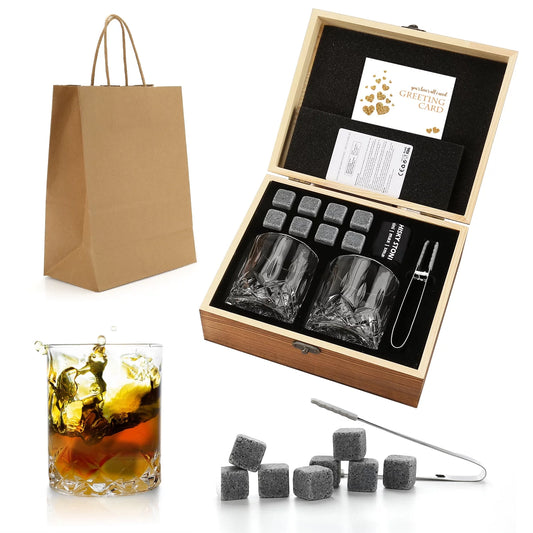 Whiskey Stones Gift Set - Whiskey Glass Set of 2 - Granite Chilling Whiskey Rocks - Scotch Bourbon Whiskey Glass Gift Box Set - Best Drinking Gifts for Men Dad Husband Birthday Party Holiday Present