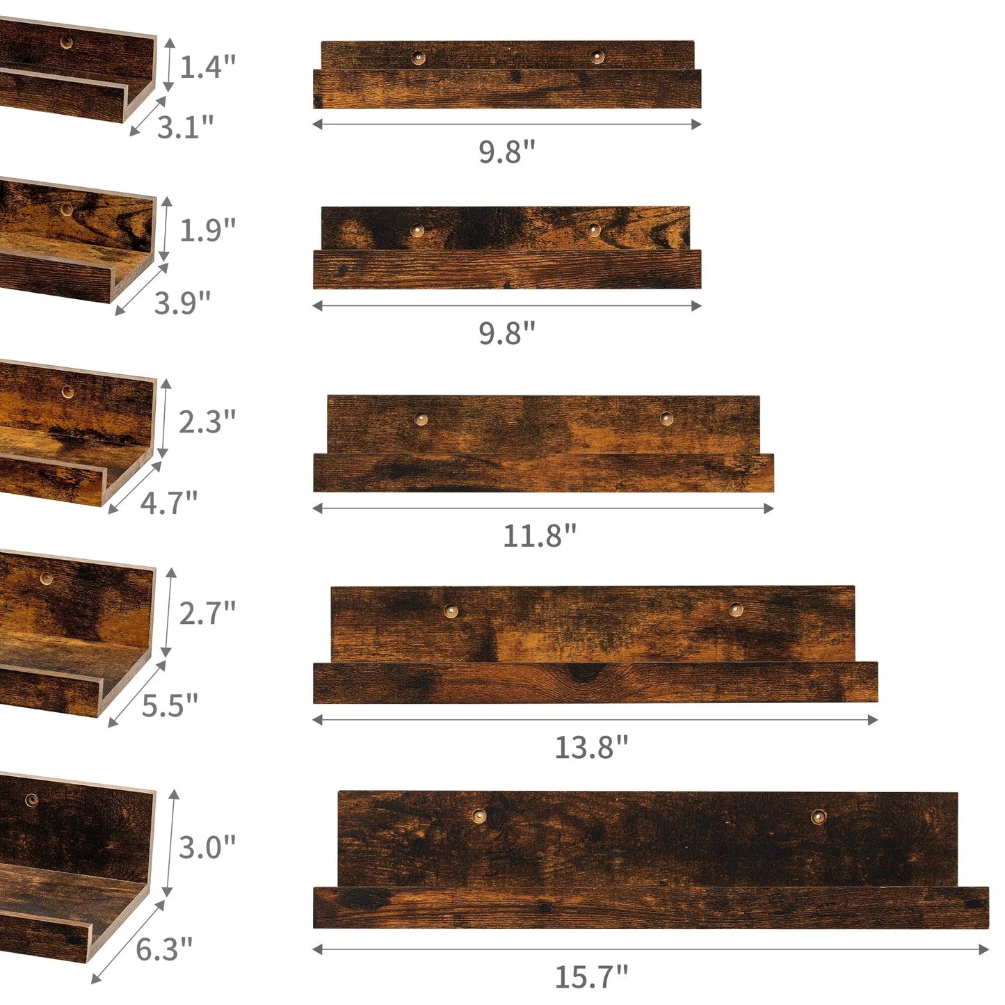Floating Shelves,  Wood Shelf Wall Mounted, Set of 5, Multiple Sizes, Brown