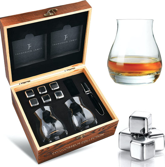 Whiskey Glasses Set of 2 - with Glencairn Whiskey Glass - Whiskey Gifts for Men I Whiskey Stones Gift Set for Men Including Canadian Glass, Cooling Stones & Coasters