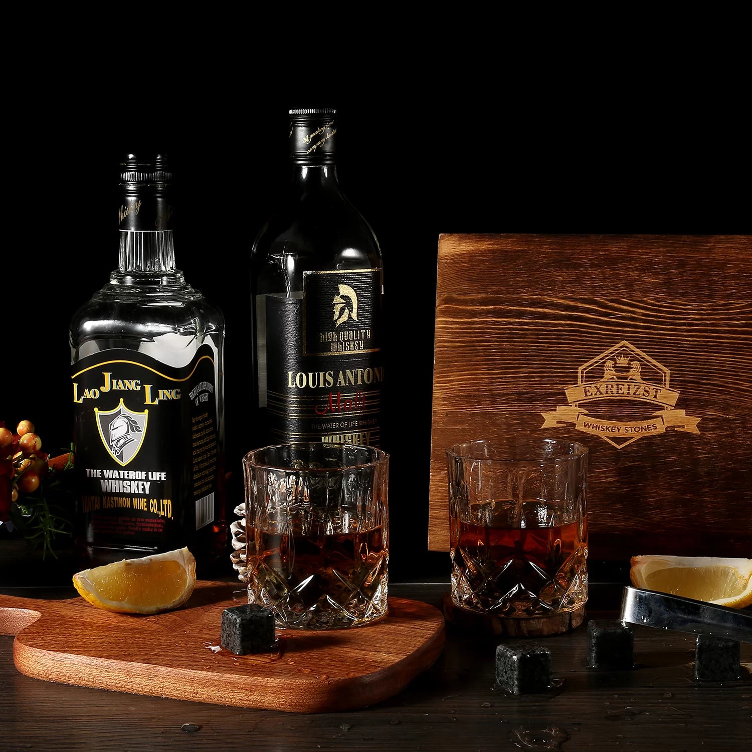 Whiskey Stones Gift Set - Whiskey Glass Set of 2 - Granite Chilling Whiskey Rocks - Scotch Bourbon Whiskey Glass Gift Box Set - Best Drinking Gifts for Men Dad Husband Birthday Party Holiday Present