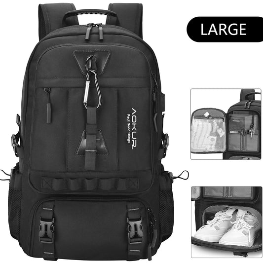 Travel Backpack for Men Women Fits 18.4 Inch Laptop with USB Charging Port, Extra Large 55L Expandable Hiking Backpack with Shoes Compartment & Wet Bag, Waterproof, Black