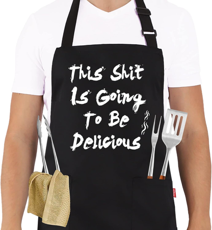 BBQ Funny Apron for Men, Chef Bib Apron with 2 Pockets, Adjustable Neck Strap and 40" Long Ties - Best for Kitchen Cooking, Grilling, Baking, Gardening - Black
