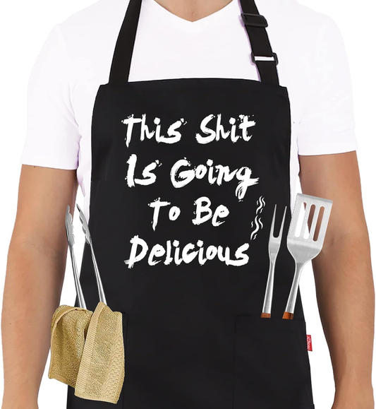 BBQ Funny Apron for Men, Chef Bib Apron with 2 Pockets, Adjustable Neck Strap and 40" Long Ties - Best for Kitchen Cooking, Grilling, Baking, Gardening - Black