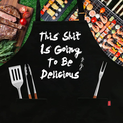 BBQ Funny Apron for Men, Chef Bib Apron with 2 Pockets, Adjustable Neck Strap and 40" Long Ties - Best for Kitchen Cooking, Grilling, Baking, Gardening - Black