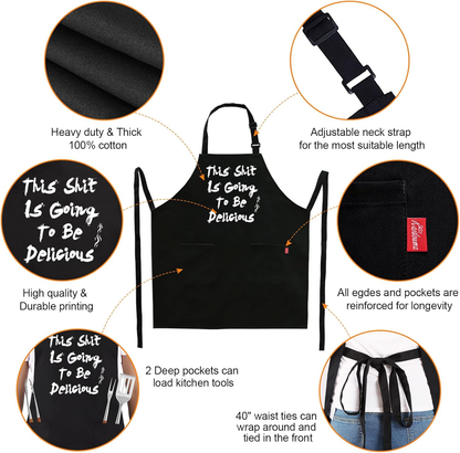 BBQ Funny Apron for Men, Chef Bib Apron with 2 Pockets, Adjustable Neck Strap and 40" Long Ties - Best for Kitchen Cooking, Grilling, Baking, Gardening - Black