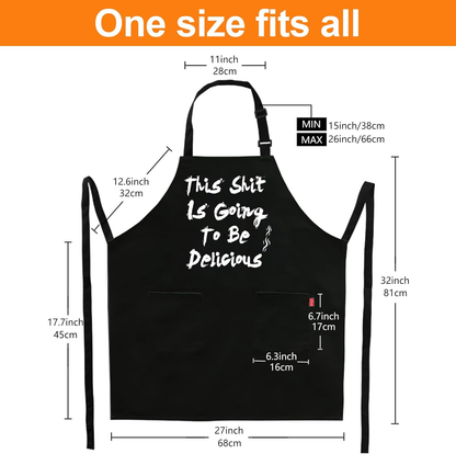 BBQ Funny Apron for Men, Chef Bib Apron with 2 Pockets, Adjustable Neck Strap and 40" Long Ties - Best for Kitchen Cooking, Grilling, Baking, Gardening - Black