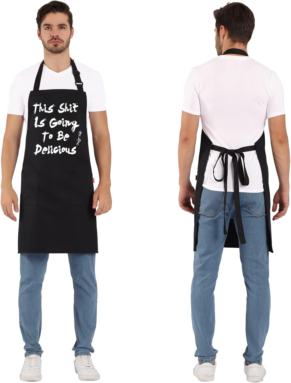 BBQ Funny Apron for Men, Chef Bib Apron with 2 Pockets, Adjustable Neck Strap and 40" Long Ties - Best for Kitchen Cooking, Grilling, Baking, Gardening - Black