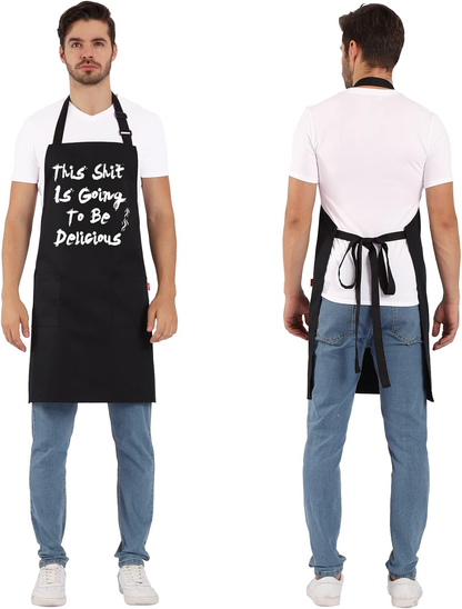 BBQ Funny Apron for Men, Chef Bib Apron with 2 Pockets, Adjustable Neck Strap and 40" Long Ties - Best for Kitchen Cooking, Grilling, Baking, Gardening - Black