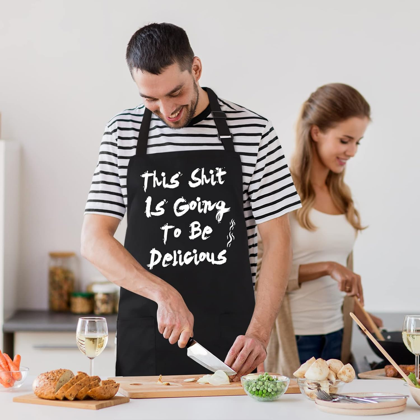 BBQ Funny Apron for Men, Chef Bib Apron with 2 Pockets, Adjustable Neck Strap and 40" Long Ties - Best for Kitchen Cooking, Grilling, Baking, Gardening - Black