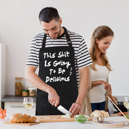 BBQ Funny Apron for Men, Chef Bib Apron with 2 Pockets, Adjustable Neck Strap and 40" Long Ties - Best for Kitchen Cooking, Grilling, Baking, Gardening - Black