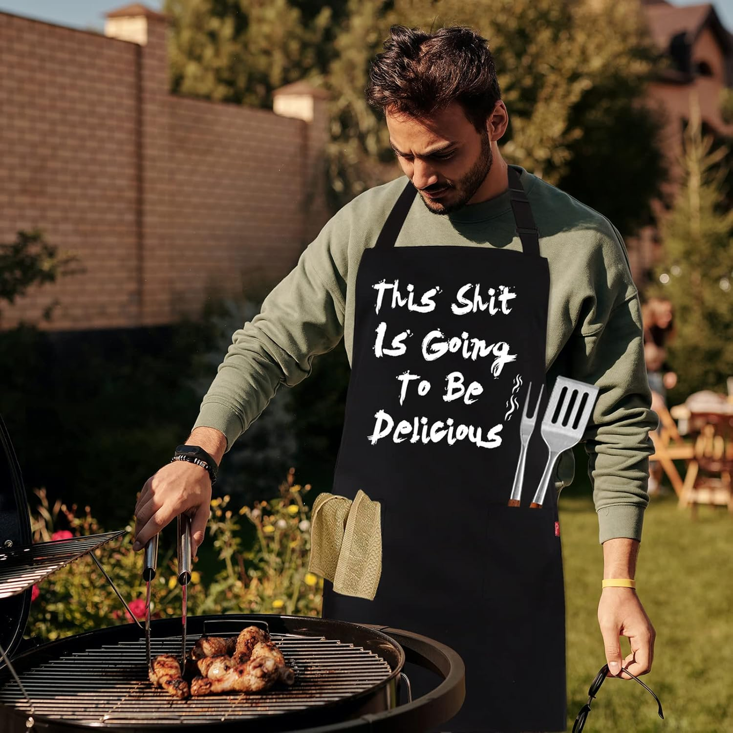 BBQ Funny Apron for Men, Chef Bib Apron with 2 Pockets, Adjustable Neck Strap and 40" Long Ties - Best for Kitchen Cooking, Grilling, Baking, Gardening - Black