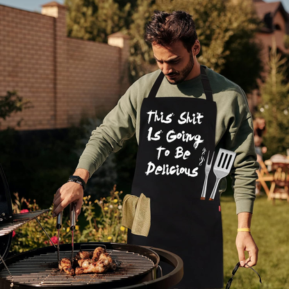 BBQ Funny Apron for Men, Chef Bib Apron with 2 Pockets, Adjustable Neck Strap and 40" Long Ties - Best for Kitchen Cooking, Grilling, Baking, Gardening - Black