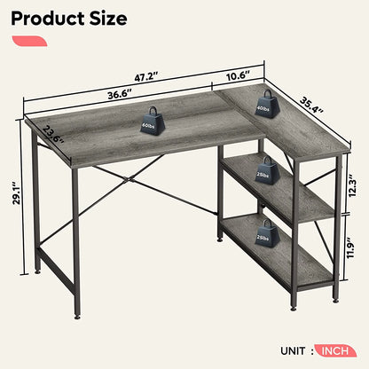 47 Inch Corner L-Shaped Desk with Storage Shelves Writing Desk Gray