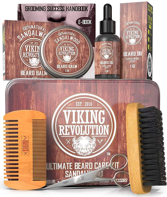 Ultimate Grooming Kit for Men - Boar Brush, Wood Comb, Sandalwood Balm & Oil, Scissors for Beard & Mustache