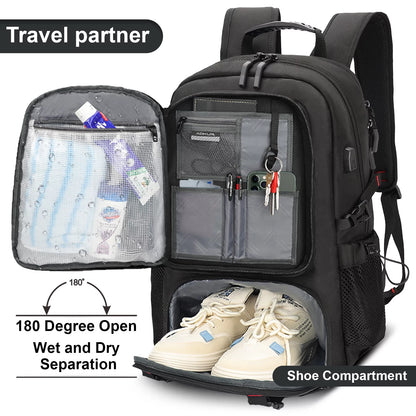 Travel Backpack for Men Women Fits 18.4 Inch Laptop with USB Charging Port, Extra Large 55L Expandable Hiking Backpack with Shoes Compartment & Wet Bag, Waterproof, Black
