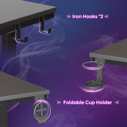 42 Inch Gaming Desk with LED Lights, Small Computer Gaming Table with Monitor Shelf, Gamer Desk with Headphone Hook, Kids Boys Computer Table with Black Carbon Fiber Texture