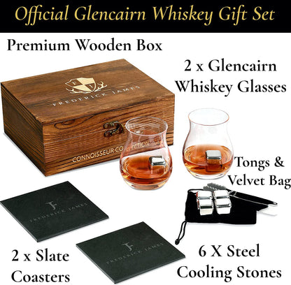 Whiskey Glasses Set of 2 - with Glencairn Whiskey Glass - Whiskey Gifts for Men I Whiskey Stones Gift Set for Men Including Canadian Glass, Cooling Stones & Coasters