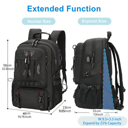 Travel Backpack for Men Women Fits 18.4 Inch Laptop with USB Charging Port, Extra Large 55L Expandable Hiking Backpack with Shoes Compartment & Wet Bag, Waterproof, Black