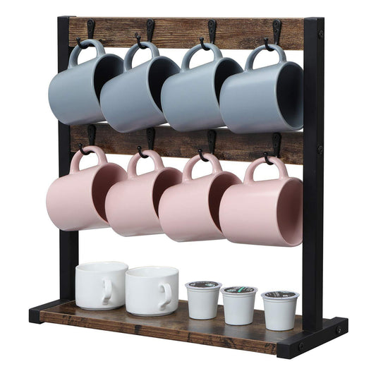 OROPY Vintage Wood Coffee Mug Holder Stand, 2 Tier Countertop Mug Tree Holder...