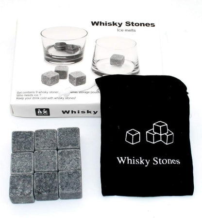 Whiskey Stones Gift Set W/ 9 Granite Whiskey Rocks Bag Reusable Cooling Ice Cubes Chill Your Scotch & Cold Drinks|Packed in Elegant… (Black)